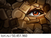 Wounded Soulor psychological injury and psychiatric emotional pain or domestic abuse concept as a person covered with medical bandages in a 3D illustration style. Стоковое фото, агентство Ingram Publishing / Фотобанк Лори