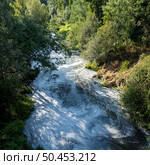 View from the top of the bridge of white foam pollutants swirling across the water surface floating on river Caima, Palmaz - Oliveira de Azemeis - Portugal. Стоковое фото, агентство Ingram Publishing / Фотобанк Лори