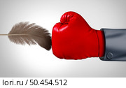 Soft Negotiation concept as a Big business fighter negotiating with a soft touch opponent with a feather feather as a negotiating symbol for hard and softer strategy to win in a 3D illustration style. . Стоковое фото, агентство Ingram Publishing / Фотобанк Лори