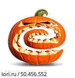 Jack-O-Lantern Pumpkin Swirl as a funky twisted Pumpkin as a halloween spooky orange character with jackolantern teeth as an autumn or fall season symbol on a white background. Стоковое фото, агентство Ingram Publishing / Фотобанк Лори