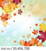 Autumn frame with blowing maple leaves over fall vanilla sky background with sunlight rays and glows. Elegant warm autumn leaf design. Vector illustration. Стоковая иллюстрация, агентство Ingram Publishing / Фотобанк Лори