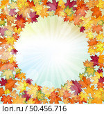 Autumn frame with blowing maple leaves over fall vanilla sky background with sunlight rays and glows. Elegant warm autumn leaf design. Vector illustration. Стоковая иллюстрация, агентство Ingram Publishing / Фотобанк Лори