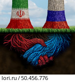 Iran Russia trade agreement and Russian deal or Iranian negotiation as an economic treaty and global financial solution with Tehran and Moscow over import and exports concept with 3D illustration elements. Стоковое фото, агентство Ingram Publishing / Фотобанк Лори