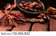 Roasted chestnuts on a rustic wooden table with autumn leaves in the background. Стоковое фото, агентство Ingram Publishing / Фотобанк Лори