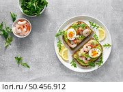 Toast with shrimps, avocado guacomole, arugula and boiled egg, top view. Стоковое фото, агентство Ingram Publishing / Фотобанк Лори