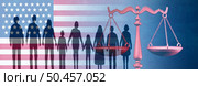 US Immigration Law and United States refugee legislation question or illegal refugee government policy for newcomers in America as the cast shadow of international migrants ona USA flag with 3D illustration elements. Стоковое фото, агентство Ingram Publishing / Фотобанк Лори