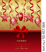 Christmas banner with decoration balls red ribbons and knoted bow. Christmas theme on a golden snowflakes background. Festive design for the winter holidays, events, discounts, and sales. Vector illustration. Стоковая иллюстрация, агентство Ingram Publishing / Фотобанк Лори