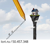 Real estate buying strategy Housing access and homeownership challenge as a Real estate buying challenge and house ownership  accessibility as a home symbol with difficulty in owning a family home with 3D illustration elements. Стоковое фото, агентство Ingram Publishing / Фотобанк Лори