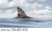 Global Risk Concept and a world environment day awareness as a polluting industry and dirty factories shaped as a dangerous shark dorsal fin menacing the water as an eco metaphor to protect the planet with 3D render elements. Стоковое фото, агентство Ingram Publishing / Фотобанк Лори