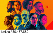 Side profiles of group of individuals representing diversity in the workplace, with complementary portraits facing forward, set against a two-tone backdrop. Стоковое AI-изображение, AI-художник Данила Большаков / Фотобанк Лори