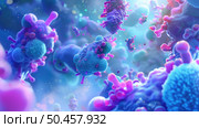 A vibrant representation of microorganisms, showcasing a variety of viruses and bacteria in an artistic microscopic simulation. Стоковое AI-изображение, AI-художник Данила Большаков / Фотобанк Лори