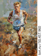 A painting depicting a man focused and determined as he sprints in a competitive race, surrounded by other runners. Стоковое AI-изображение, AI-художник Данила Большаков / Фотобанк Лори