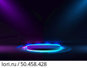 3D purple and blue neon glowing light podium platform pedestal stand cylinder shape display with HUD elements on dark background technology digital style. Blank display, stage of magic portal for show product in futuristic cyberpunk. Vector illustration. Стоковая иллюстрация, агентство Ingram Publishing / Фотобанк Лори