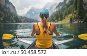 A woman wearing a yellow shirt is rowing a boat on the water. Стоковое AI-изображение, AI-художник Данила Большаков / Фотобанк Лори