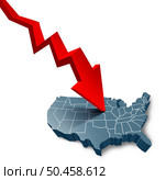 American recession and USA economy contraction cycle as a US decline or United States declining business activity and economic crisis or with a downward trend as Washington financial polcy concept in a 3D illustration style. Стоковое фото, агентство Ingram Publishing / Фотобанк Лори