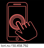 Neon click on touch screen smartphone Modern smartsphone with hand clicking on screen Finger click on mobile phone Action in apps cellphone Using telephone red color vector illustration image flat style light. Neon click on touch screen smartphone Modern smartsphone with hand clicking on screen Finger click on mobile phone Action in apps cellphone Using telephone red color vector illustration image flat style. Стоковая иллюстрация, агентство Ingram Publishing / Фотобанк Лори