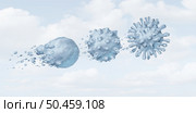 Cold weather virus and Winter viral outbreak as a snowball or snow ball shaped as a coronavirus cell as Covid-19 or the flu as a Christmas holiday season influenza pandemic or epidemic symbol for contagious diseases with 3D illustration elements. Стоковое фото, агентство Ingram Publishing / Фотобанк Лори