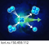 Fusion Energy Concept and Nuclear power generation physics science symbol as abstract shapes representing conceptual microscopic elements with Helium Tritium Deuterium and Neutrons as a 3D illustration. Стоковое фото, агентство Ingram Publishing / Фотобанк Лори