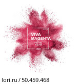 Crimson red powder splash explosion isolated on white background with Viva Magenta - Color of the Year 2023 lettering in square frame.. Viva Magenta color splash on white. Стоковое фото, агентство Ingram Publishing / Фотобанк Лори