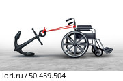 Challenges Faced By Handicapped as barriers and accessibility problems or Disabilities challenge as a wheelchair anchored with a heavy weight representing the disadvantaged with a disability as a 3d Illustration. Стоковое фото, агентство Ingram Publishing / Фотобанк Лори