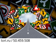 Business Path To Success and life journey clarity as a hole through a group of confusing traffic signs revealing a straight road to succeed with 3D illustration elements. Стоковое фото, агентство Ingram Publishing / Фотобанк Лори