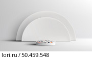 3D realistic empty terrazzo top surface white podium pedestal with semicircle backdrop on white background with lighting and shadow. You can use for product presentation, cosmetic display mockup, showcase, etc. Vector illustration. Стоковая иллюстрация, агентство Ingram Publishing / Фотобанк Лори