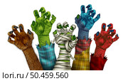 Monster Zombie hands group as creepy werewolf or vampire and red demon and mummy as cary monsters reaching to grab on a white background representing halloween and fear in a 3D illustration style. Стоковое фото, агентство Ingram Publishing / Фотобанк Лори