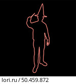 Neon wizard holds magic wand trick Waving Sorcery concept Magician Sorcerer Fantasy person Warlock man in robe with magical stick Witchcraft in hat mantle Mage conjure Mystery idea Enchantment red color vector illustration image flat style light. Neon wizard holds magic wand trick Waving Sorcery concept Magician Sorcerer Fantasy person Warlock man in robe with magical stick Witchcraft in hat mantle Mage conjure Mystery idea Enchantment red color vector illustration image flat style. Стоковая иллюстрация, агентство Ingram Publishing / Фотобанк Лори