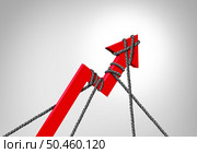 Controlling Inflation and price controls and reining in rising prices by tightening monetary policy or raising intersest rates and increasing taxes or regulating credit as a red arrow being slowed or held back by ropes with 3D elements. Стоковое фото, агентство Ingram Publishing / Фотобанк Лори
