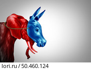 Fake Progressive or closet Liberal as a red Elephant pretending or masquerading as a Blue Donkey in an American election campaign as a symbol of opposition research politics and US political strategy in a 3D illustration style. Стоковое фото, агентство Ingram Publishing / Фотобанк Лори