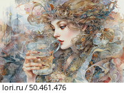 Watercolor illustration with a fantasy female portrait. A girl with luxurious curly hair, decorated with flowers, leaves and bizarre elements of nature, holds a glass mug with a transparent drink. Her image is filled with mystery, lightness and aesthetics of the Art Nouveau style. Delicate pastel colors, smooth lines and attention to detail create a sense of magic, subtlety and dreaminess. The illustration is ideal for packaging, books, posters, magazines about culture, tea, art and fantasy. Стоковое AI-изображение, AI-художник Анна Кривицкая / Фотобанк Лори