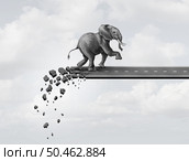 Point of no return as a final irreversable concept for cutting ties and leaving the past or breaking away and embracing change to focus only on the future as an elephant running on a road destroying the path behind it with 3D iillustration elements. Стоковое фото, агентство Ingram Publishing / Фотобанк Лори