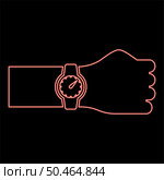 Neon wristwatch on hand Time on watch hand red color vector illustration image flat style light. Neon wristwatch on hand Time on watch hand red color vector illustration image flat style. Стоковая иллюстрация, агентство Ingram Publishing / Фотобанк Лори