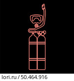 Neon set of skin-diver scuba diver mask snorkel aqualung dive tank cylinders balloon diving gear red color vector illustration image flat style light. Neon set of skin-diver scuba diver mask snorkel aqualung dive tank cylinders balloon diving gear red color vector illustration image flat style. Стоковая иллюстрация, агентство Ingram Publishing / Фотобанк Лори