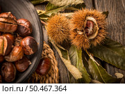 Roasted chestnuts on a rustic wooden table with autumn leaves in the background. Стоковое фото, агентство Ingram Publishing / Фотобанк Лори