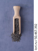 Top view of wooden scoop with poppy seeds against purple vinyl background. Стоковое фото, агентство Ingram Publishing / Фотобанк Лори