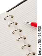 Open note book with lined pages free date space and red pencil. Стоковое фото, агентство Ingram Publishing / Фотобанк Лори