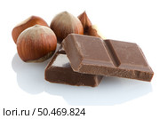 Chocolate parts and cinnamon sticks isolated on white background. Стоковое фото, агентство Ingram Publishing / Фотобанк Лори
