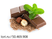 Closeup detail of chocolate parts, hazelnuts and mint leaves on white background. Стоковое фото, агентство Ingram Publishing / Фотобанк Лори