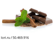 Closeup detail of chocolate parts and mint leaves on white background. Стоковое фото, агентство Ingram Publishing / Фотобанк Лори