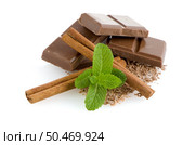 Closeup detail of chocolate parts and mint leaves on white background. Стоковое фото, агентство Ingram Publishing / Фотобанк Лори