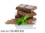 Closeup detail of chocolate parts and mint leaves on white background. Стоковое фото, агентство Ingram Publishing / Фотобанк Лори