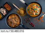 Massaman curry in a frying pan with spices on the cement floor. Selective focus. Стоковое фото, агентство Ingram Publishing / Фотобанк Лори