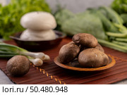Shiitake mushrooms are on a plate on a wooden grill with spring onions and buns. Selective focus. Стоковое фото, агентство Ingram Publishing / Фотобанк Лори
