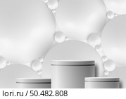 3D realistic white podium stand pedestal with abstract white bubble organic circles spheres ball pattern background. You can use for product presentation, cosmetic display mockup, showcase, etc. Vector illustration. Стоковая иллюстрация, агентство Ingram Publishing / Фотобанк Лори