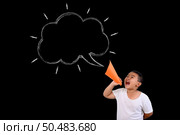 The boy shouted loudly with Text box. Стоковое фото, агентство Ingram Publishing / Фотобанк Лори