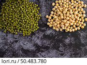Soybean and Mung bean on a black cement floor background. Стоковое фото, агентство Ingram Publishing / Фотобанк Лори