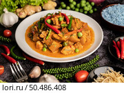 Red curry with pork in a white plate with spices on black cement. Стоковое фото, агентство Ingram Publishing / Фотобанк Лори