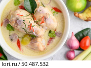 Tom Kha Kai in a bowl with kaffir lime leaves, lemongrass, red onion, galangal and chilli.Selective focus. Стоковое фото, агентство Ingram Publishing / Фотобанк Лори