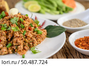 Spicy Minced Pork Salad on a white plate with red onion, lemon grass, garlic, yardlong beans, kaffir lime leaves, and spring onion. Стоковое фото, агентство Ingram Publishing / Фотобанк Лори